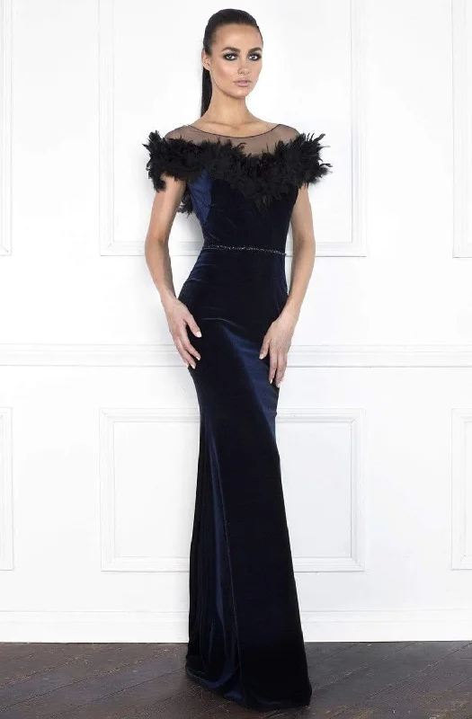 Formal Dress for Bar MitzvahsNicole Bakti - 6851 Illusion Feather Ornate Velvet Sheath Gown