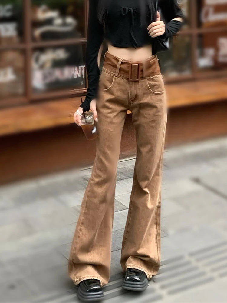 women's denim jeans for a vintage styleVintage Slightly Flared Loose Thin Mopping High Waist Brown Jean