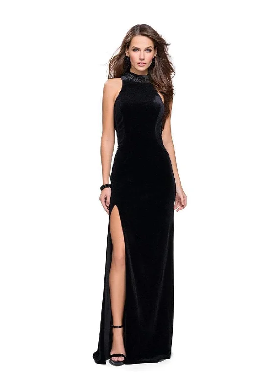 Formal Dress for Sports AwardsLa Femme - Beaded High Neck Velvet Long Gown with Slit 25559 - 2 pcs Black In Sizes 6 and 8 Available