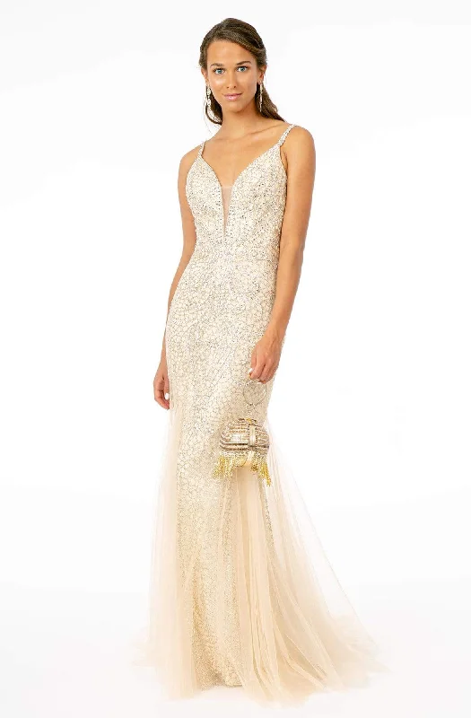 Formal Dress for Bat MitzvahsGLS by Gloria - GL1842 Plunging Beaded Metallic Tulle Trumpet Gown