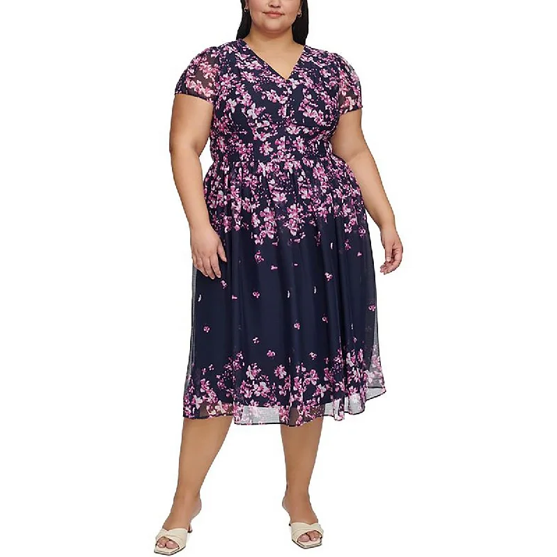 midi dresses with frillsPlus Womens Floral Print Mid Calf Sheath Dress