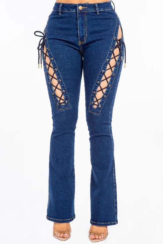 women's ankle-length denim jeansAmerican Bazi High Rise Lace Up Jeans