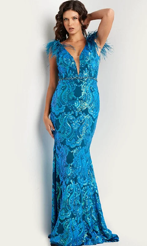 Formal Dress Shops in New YorkJovani 38758 - Feather Sequined Long Gown