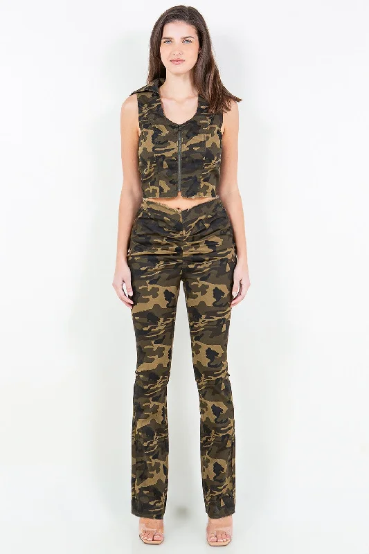 women's denim jeans with elastic waistbandsAmerican Bazi V-Cut Ruched Camo Flare Pants