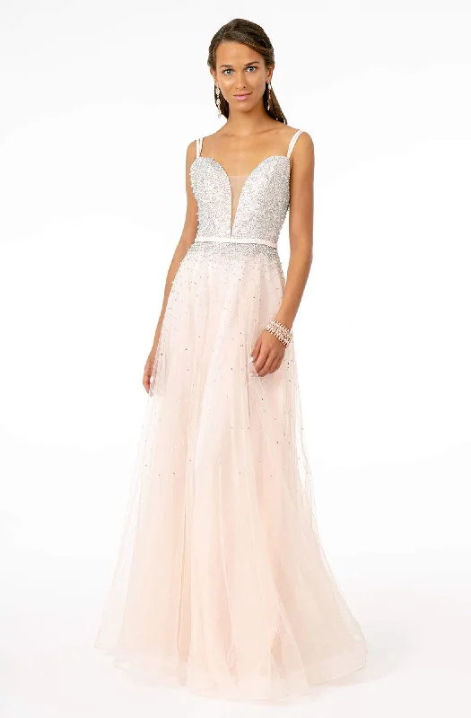 Formal Dress for Semi-Formal EventsElizabeth K - GL2892 Plunging Jewel-Studded A-Line Gown