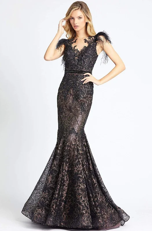 Formal Dress for Costume BallsMac Duggal Black White Red - 79230R Feathered Lace Mermaid Gown