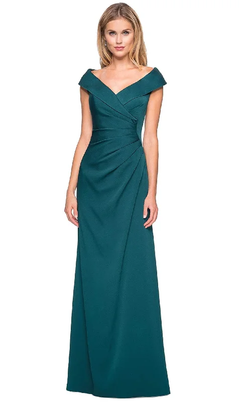 Formal Dress for Evening WeddingsLa Femme - 26523 Wide V Neck Fold over Sleeves Long Gown