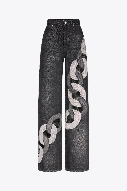 women's denim jeans with embroidery on pocketsChain Cutout Wide Leg Jean