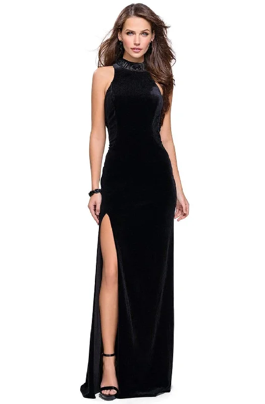 Formal Dress for Indoor WeddingsLa Femme - 25559 High Neckline Velvet Fitted Gown with Side Slit