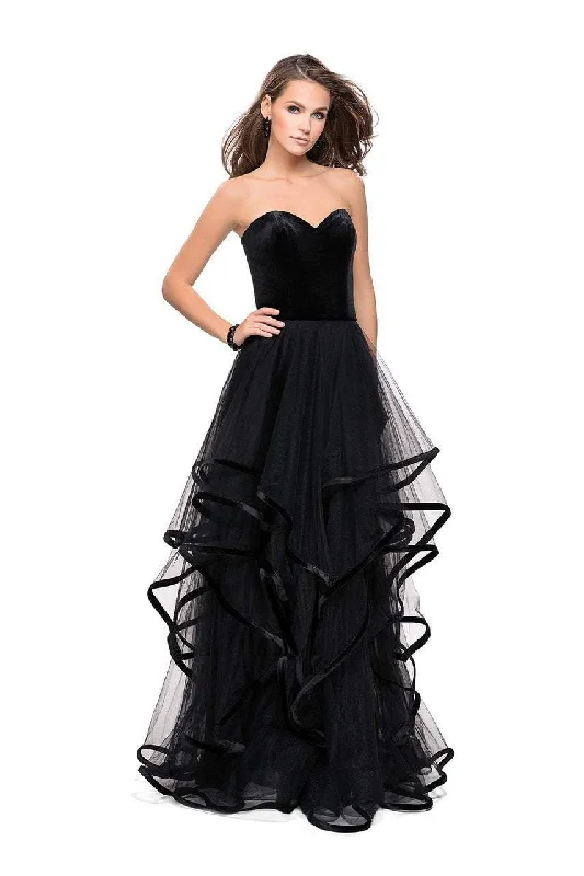 Formal Dress for Evening WeddingsLa Femme - 25461 Velvet Sweetheart Neck Tulle A-line Gown