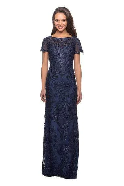 Formal Dress for PageantsLa Femme - 26405 Short Sleeve Jewel-Adorned Lace Sheath Gown