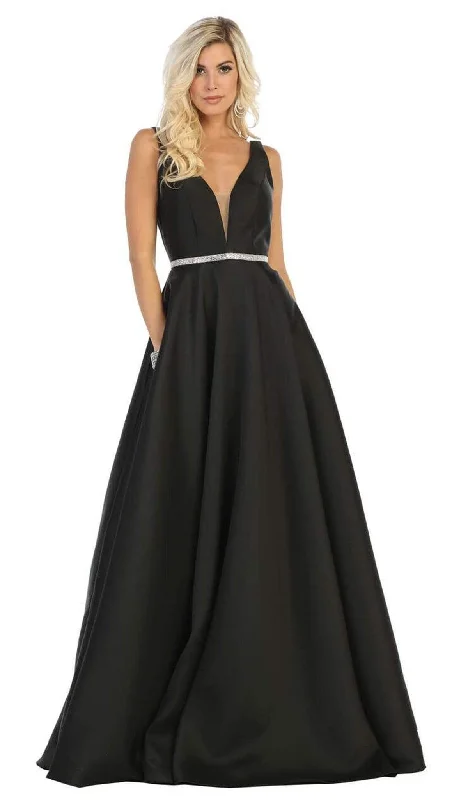 Formal Dress for Humanitarian AwardsMay Queen - MQ1683 Illusion Plunging Neck Sleeveless Satin A-Line Gown