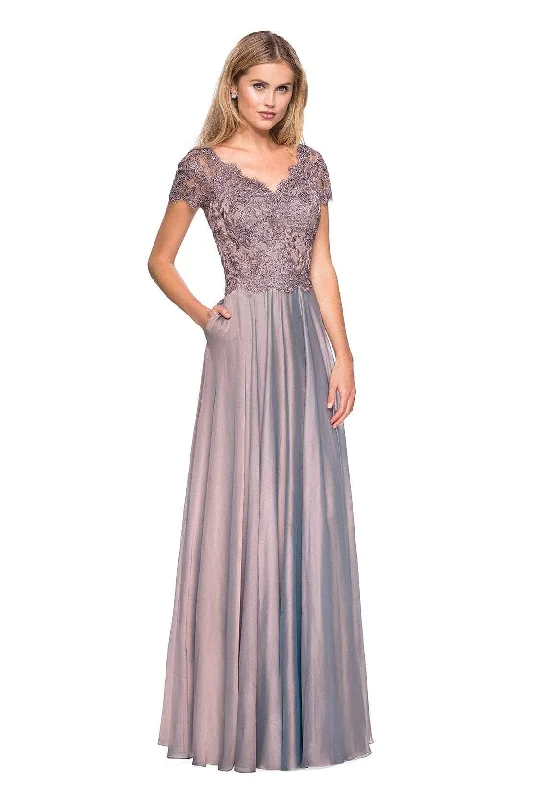 Formal Dress for Cruise Ship EventsLa Femme - 27098 Embordered Lace Bodice Chiffon A- Line Gown