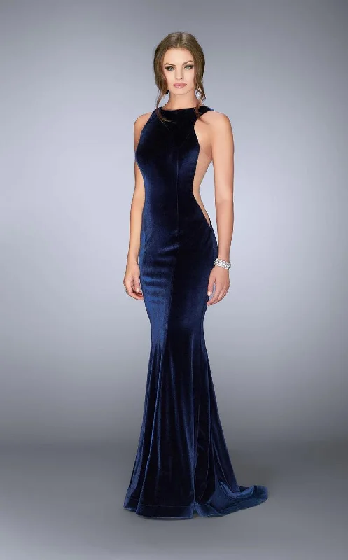 Formal Dress for Eco-Conscious EventsLa Femme Svelte Velvet Mermaid Gown in Navy 24605