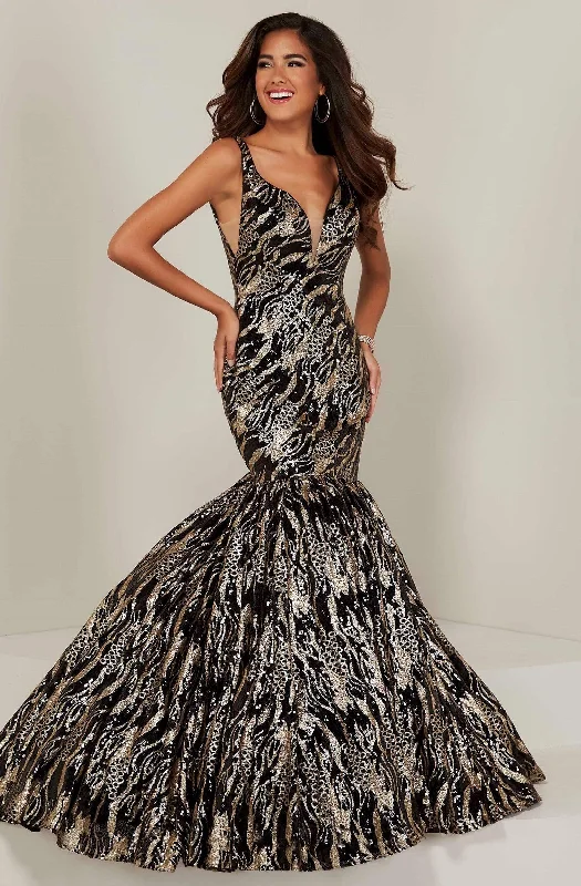 Affordable Formal Dress OptionsTiffany Designs - 16361 Sequined Motif Plunging Trumpet Gown