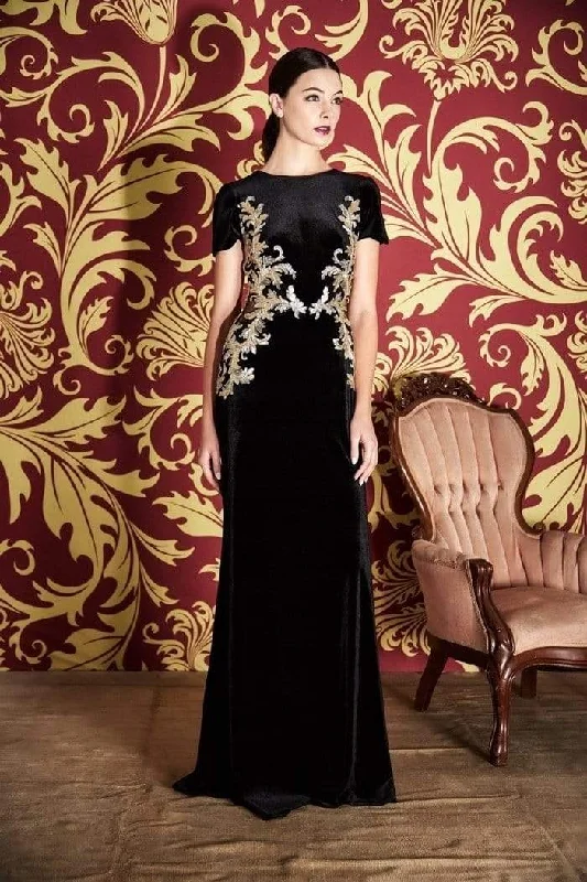 Formal Dress for Destination WeddingsTadashi Shoji - Velvet Long Appliqued Illusion Cutout Gown - 1 pc Black/Gold In Size 6 Available