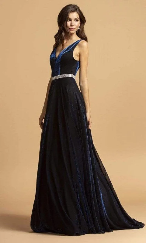 Formal Dress Shops in New YorkAspeed Design - D320 V Neck Embellished Velvet A-Line Gown