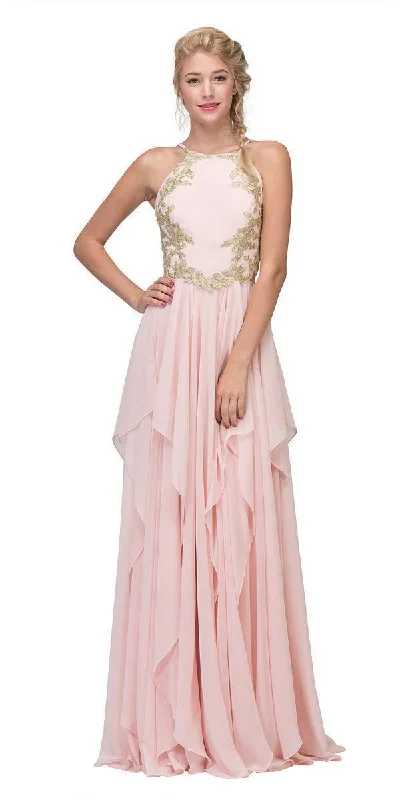 Formal Dress for Charity AwardsEureka Fashion - 6036 Appliqued Halter Asymmetrical Cascade Gown