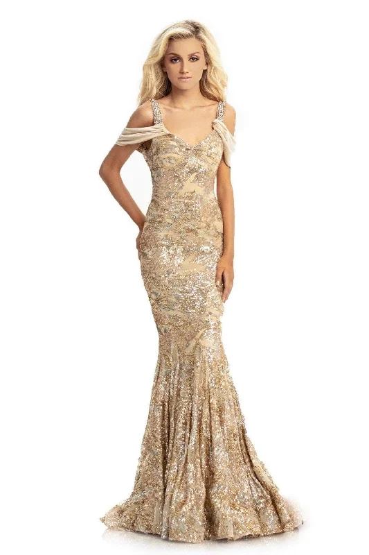 Formal Dress for Literary AwardsJohnathan Kayne - Draped Shoulder Sequined Velvet Mermaid Gown 9013 - 1 pc Champagne/Gold In Size 10 Available