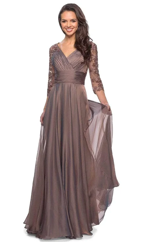 Formal Dress for Costume BallsLa Femme - 27153 Sheer Lace Quarter Sleeves Empire Waist Chiffon Gown