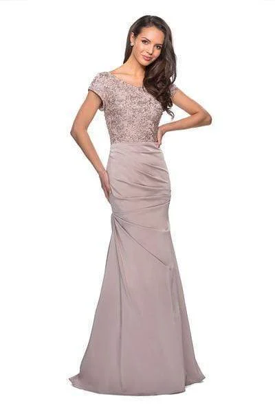 Formal Dress for Beauty ContestsLa Femme - 26806 Short Sleeve Embroidered Bodice Ruched Mermaid Gown