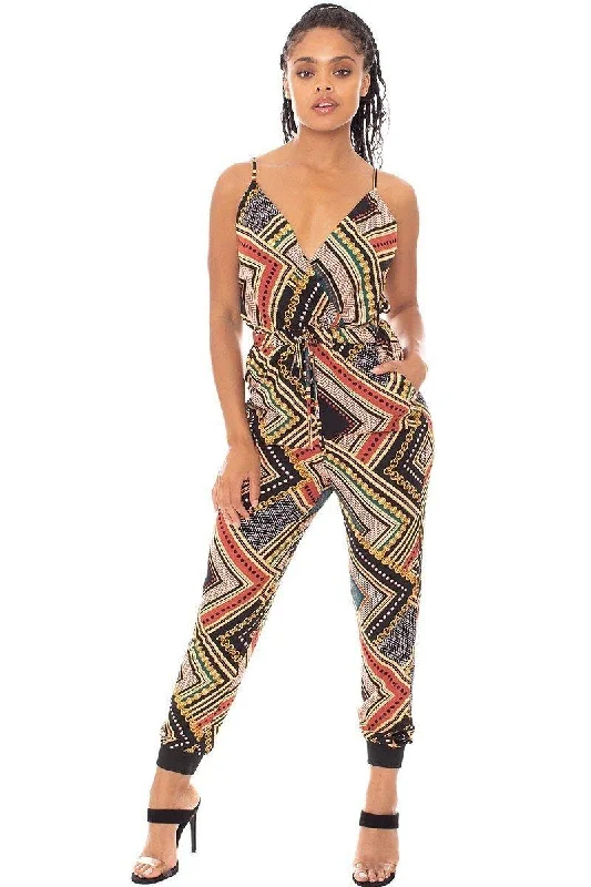 women's jumpsuits for business meetingsBoarder Print Wrap Drawstring Waist Jumpsuit