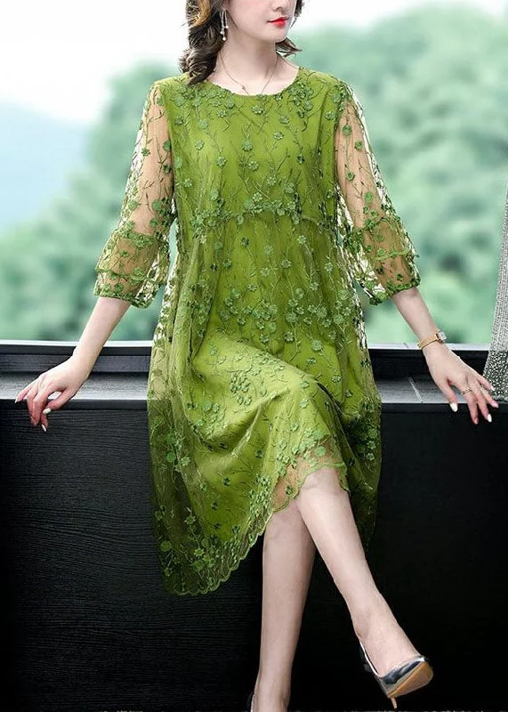 midi fit-and-flare dressesChic Green O Neck Embroideried Patchwork Tulle Mid Dress Summer