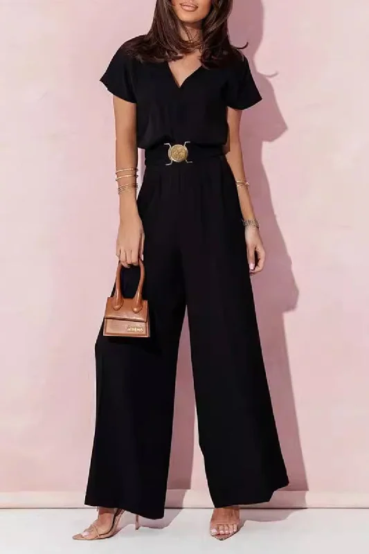 women's jumpsuits with self-ties at the waistCasual Solid Metal Accessories Decoration V Neck Loose Jumpsuits