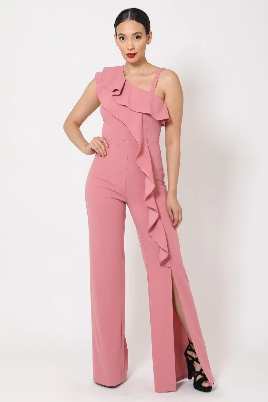 women's jumpsuits for tall womenOne Shoulder Ruffle Jumpsuit