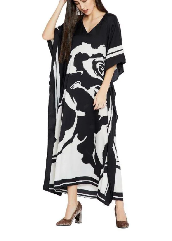 long midi dressesFrench Black White Floral Half Sleeve kimono robe Mid Chiffon Dress