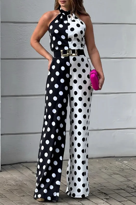 women's jumpsuits for springSexy Print Polka Dot Pocket Contrast Halter Loose Jumpsuits