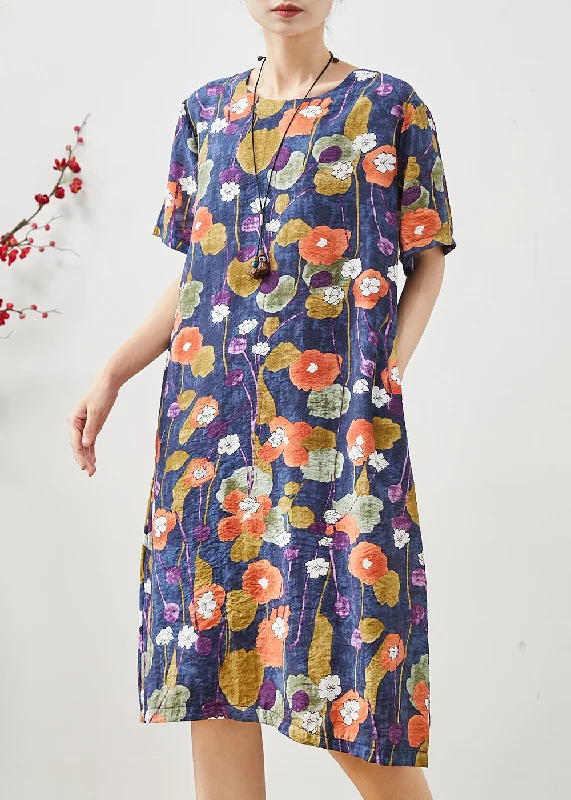 stylish midi dressesNavy Morning Glory Print Cotton Mid Dress Oversized Summer