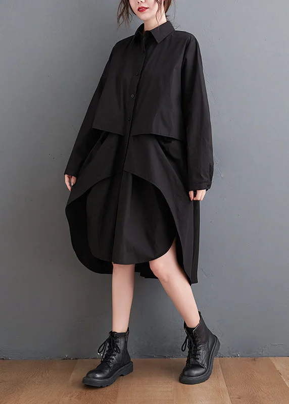 mid-length midi dressesNew Black Peter Pan Collar Button Patchwork Cotton Shirts Mid Dress Fall