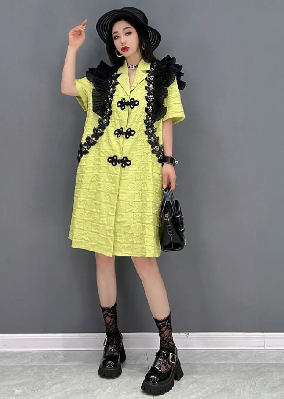 mini midi dressesFashion Green Notched Collar Patchwork Ruffles Oriental Button Mid Dresses Short Sleeve