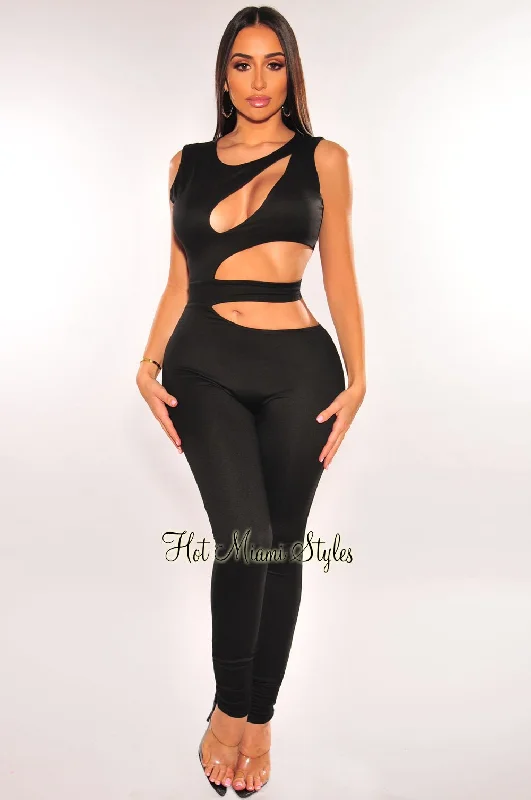 women's jumpsuits made of satinBlack Sleeveless Keyhole Cut Out Jumpsuit