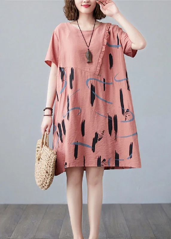 midi dresses for weddingsWomen Orange O Neck Print Patchwork Cotton Mid Dress Summer