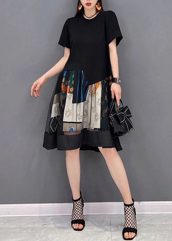 midi dresses with sheer sleevesFashion Black O-Neck Patchwork Tulle Mid Dresses Short Sleeve