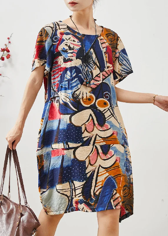 tie-waist midi dressesStylish Navy Oversized Print Cotton Mid Dress Summer