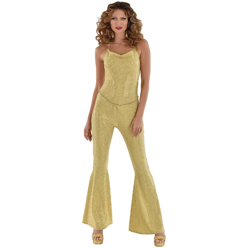 women's jumpsuits with off-the-shoulder sleevesGold Metallic Disco Jumpsuit