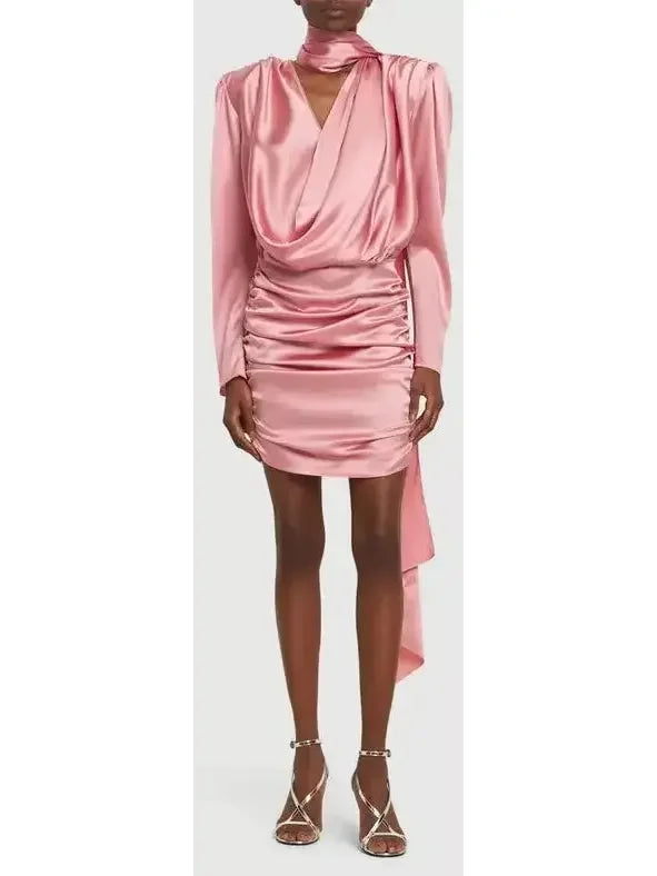 sleek mini Mimi dresses for modern styleSatin Draped Mini Dress With Scarf, Pink