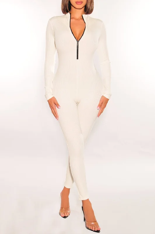 women's jumpsuits with bow tiesWhite Ribbed Zipper Long Sleeve Jumpsuit