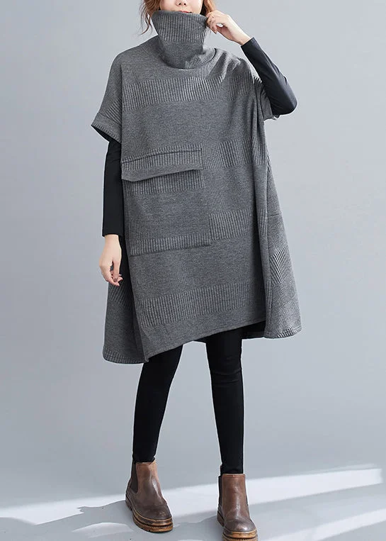 lined midi dressesLoose Grey Turtleneck Pockets Patchwork Knit Mid Dresses Fall