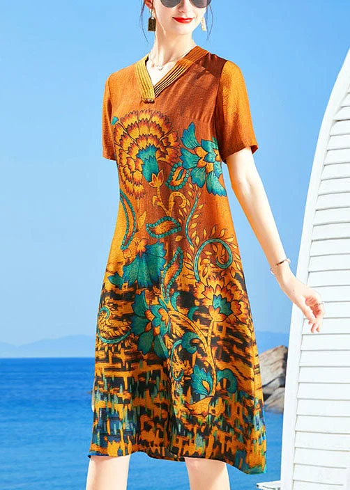 off-the-shoulder midi dressesSlim Fit Orange V Neck Print Silk Mid Dresses Short Sleeve