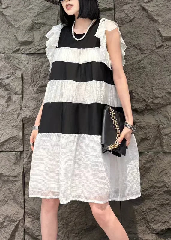 printed midi dressesFine White Striped Ruffled Patchwork Silk Mid Dress Summer