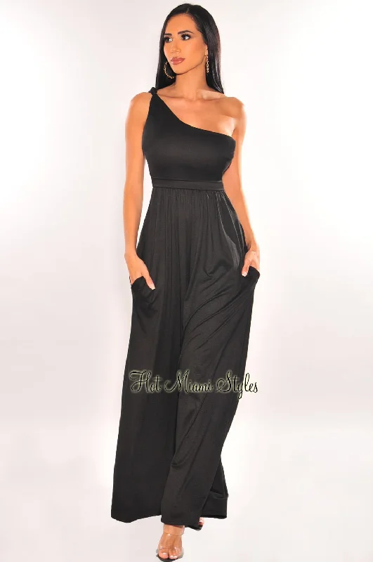 women's jumpsuits with short sleevesBlack One Shoulder Sleeveless Palazzo Jumpsuit