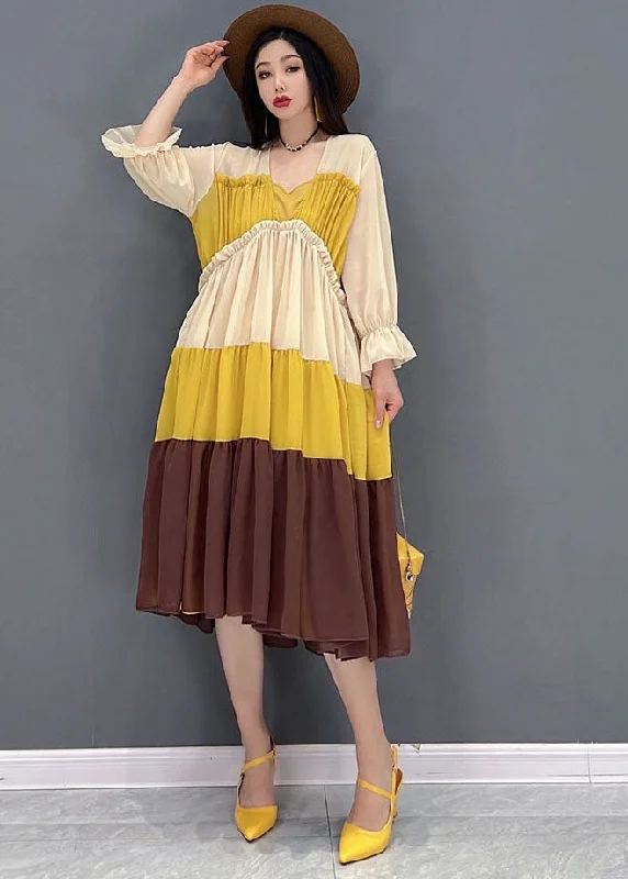 casual everyday midi dressesStyle Colorblock Patchwork Chiffon Pleated Mid Dresses Long Sleeve