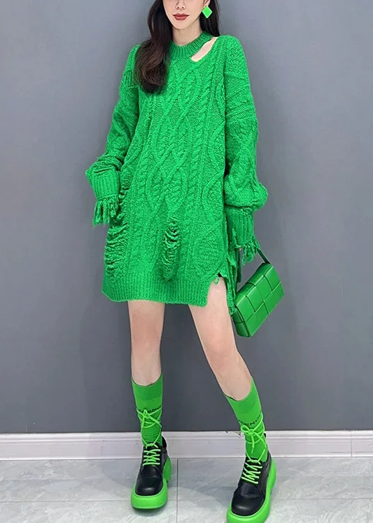 waist-cinching midi dressesStyle Green Tasseled Ripped Patchwork Knit Mid Sweater Dress Fall