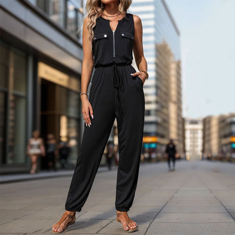 women's jumpsuits with metallic finishesIKEARLAX New Hot Trade Jumpsuit New New 2025 Summer Women's Clothing Black Sleeveless  Jumpsuit