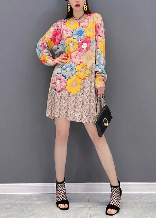 casual chic midi dressesWomen O-Neck Floral Print Chiffon Mid Dresses Long Sleeve