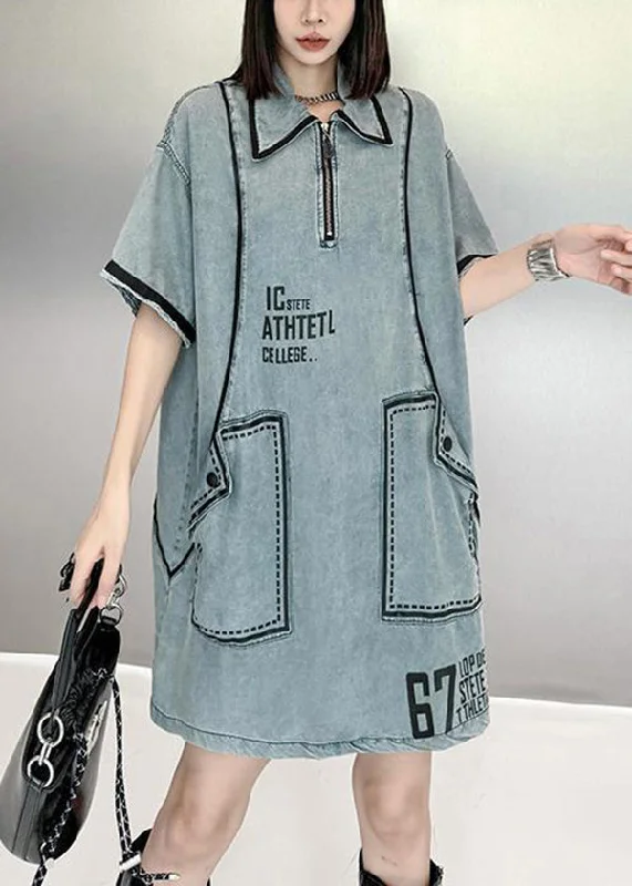 polyester midi dressesStylish Blue Peter Pan Collar Graphic Denim Mid Dresses Summer